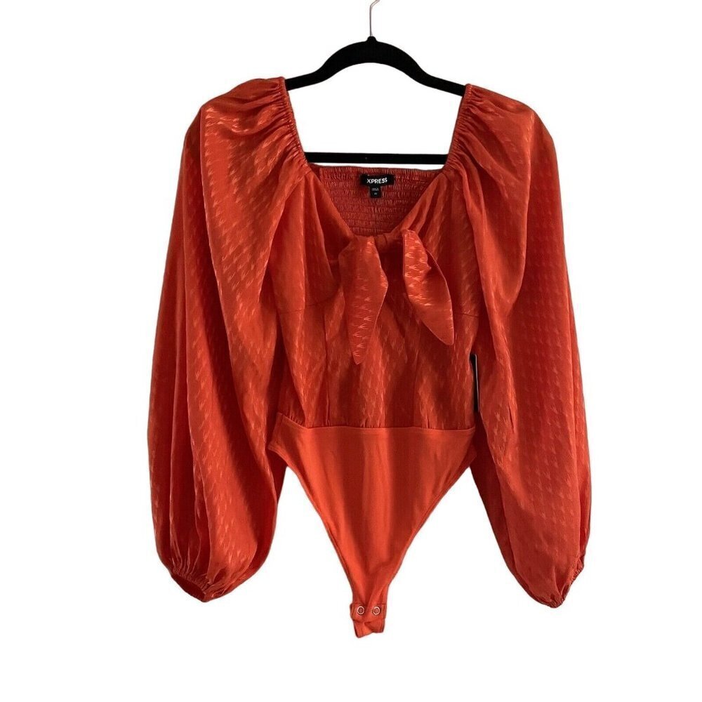 Express Wmn XS Orange Satin Jacquard Balloon Sleeve Tie Front Thong Bodysuit NWT